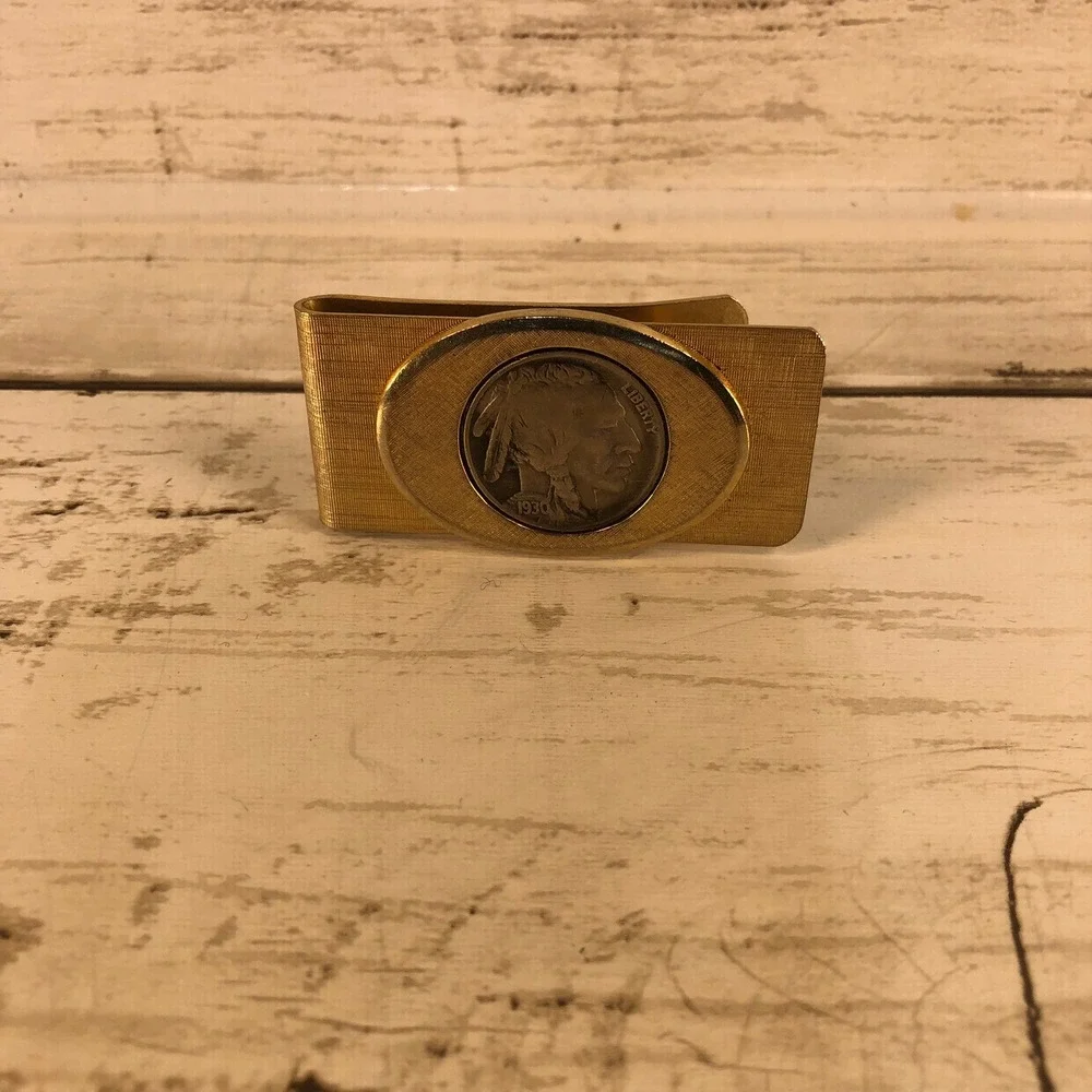 Vintage 1930 Buffalo Nickel Money Clip Gold Tone Textured Western Coin Accessory
